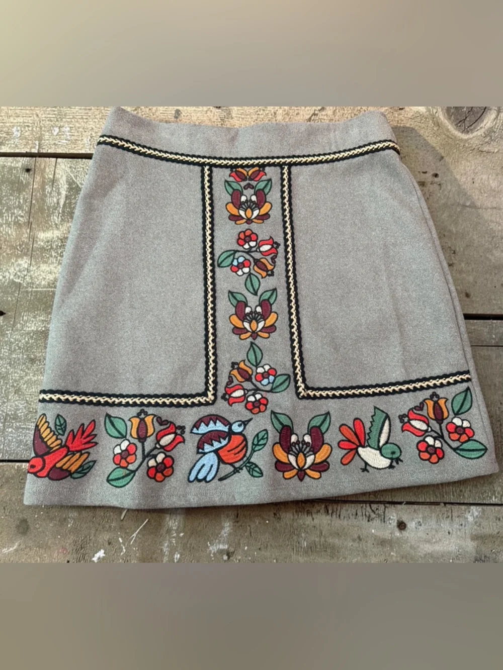 THML Gray Mini Skirt with Colorful Floral & Bird Embroidery Panel - Picture 1 of 4